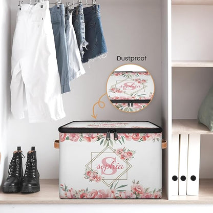 Custom Initials Storage Bins with Lid, Foldable Personalized Storage Basket Boxes with Handle Pink Flower Shelf Basket Closet Organizer Cube