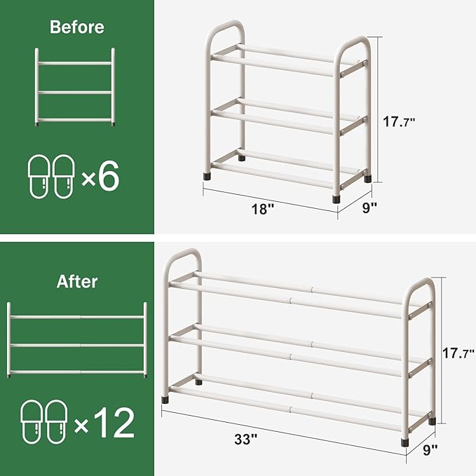 kiplant White Shoe Rack for Closet, 3-Tier Expandable Shoe Organizer for Closet, Metal Adjustable Black Shoe Shelf Storage Organizer, Free Standing Shoe Rack for Entryway Doorway