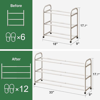 kiplant White Shoe Rack for Closet, 3-Tier Expandable Shoe Organizer for Closet, Metal Adjustable Black Shoe Shelf Storage Organizer, Free Standing Shoe Rack for Entryway Doorway