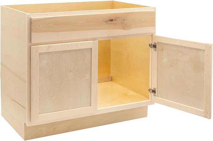 Quicklock RTA (Ready-to-Assemble) | Base Kitchen Cabinets - Shaker Style | Made in America (Raw Maple, 36" Wx34.5 Hx24 D Sink Base)