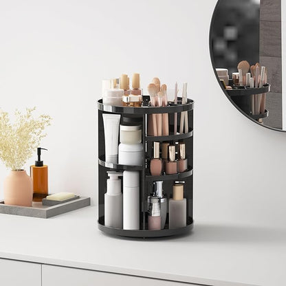 Jiavarry Rotating Makeup Organizer for Vanity, 360 Spinning Skincare Organizers with Adjustable Trays, Make Up Desk Storage Carousel Rack, Cosmetic Display Cases for Dresser Bathroom Countertop Black