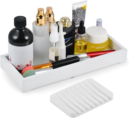 Bathroom Rectangle Tray, Toilet Top Organizer, Farmhouse Wooden Vanity with Soap Tray, Toilet Tank Tray for Bathroom, Ideal Also as Jewelry, Perfume & Napkin Trays (White, 4.8" W11.5 Lx1.2 H)