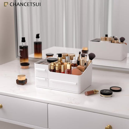 CHANCETSUI Makeup Organizer with Drawers, Makeup Desk Organizer, Bathroom Countertop Organizer for Cosmetics, Vanity Holder for Lipstick, Makeup Brush Holder, White