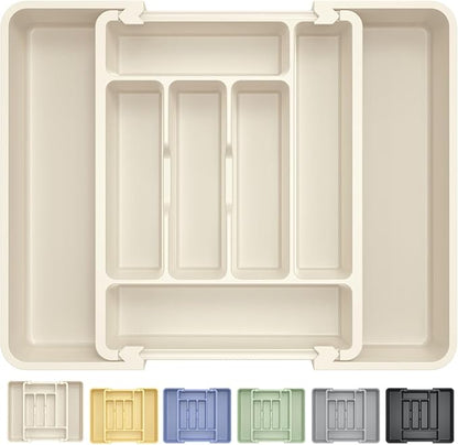 Caperci Large Silverware Organizer for Kitchen Drawer & Utensils - Expandable Drawer Organizer for Cutlery, Flatware & Gadget, BPA-Free Thick Plastic, Wider Compartments & Non-skid Feet (Tofu)