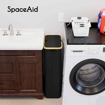 SpaceAid Slim Laundry Hamper with Lid, 65L Narrow Clothes Basket Bin with Bamboo Handles, Skinny Tall Collapsible Hamper for Bedroom, Bathroom, Dorm, Laundry Room - Black