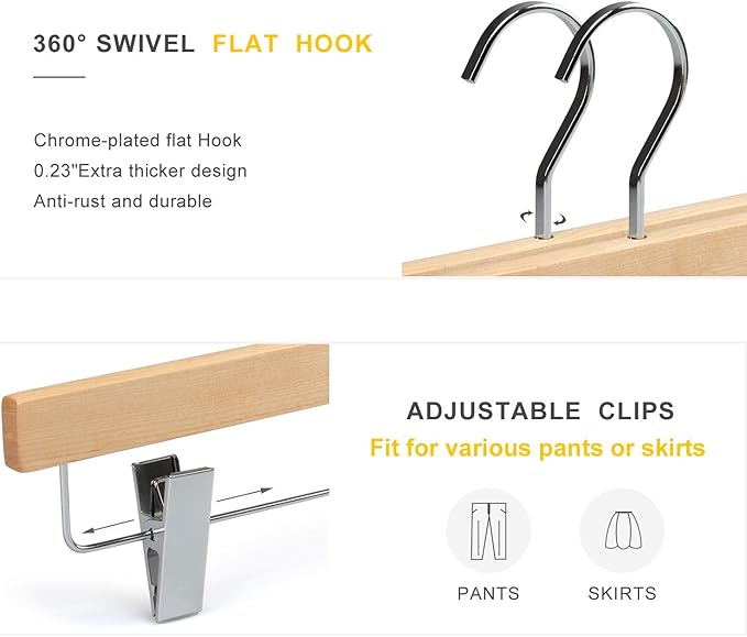 TOPIA HANGER Pants Hangers, Luxury Natural Wooden Skirts Hangers with 2 Big Premium Metal Clips and 360° Swivel Anti-Rust Flat Hook, 20 Pack Boutique Hanger for Skirts, Trousers, Jeans, Slacks, CT03N