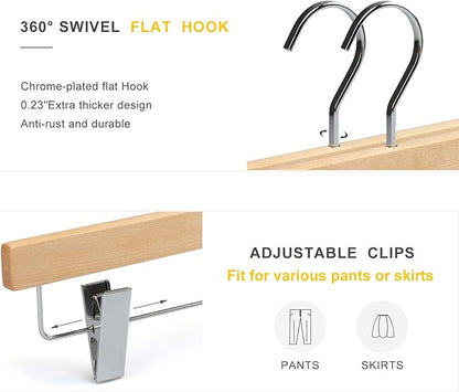 TOPIA HANGER Pants Hangers, Luxury Natural Wooden Skirts Hangers with 2 Big Premium Metal Clips and 360° Swivel Anti-Rust Flat Hook, 20 Pack Boutique Hanger for Skirts, Trousers, Jeans, Slacks, CT03N