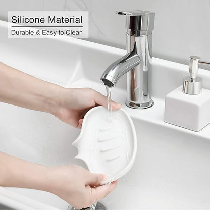SUBEKYU Silicone Soap Dish for Bathroom,Bar Soap Holder for Shower with Draining Tray, Waterfall Soap Tray for Kitchen Sink, Set of 2 (2 * White)