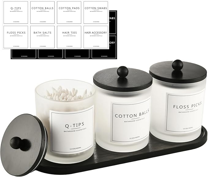 3 Pack Qtip Holder Bathroom Set,Cotton Ball Swab Pad Holder Cotton Round Floss Pick Dispenser with Tray,Glass Apothecary Jars with Lids,Bathroom Organizers and Storage Canisters-Frosted White