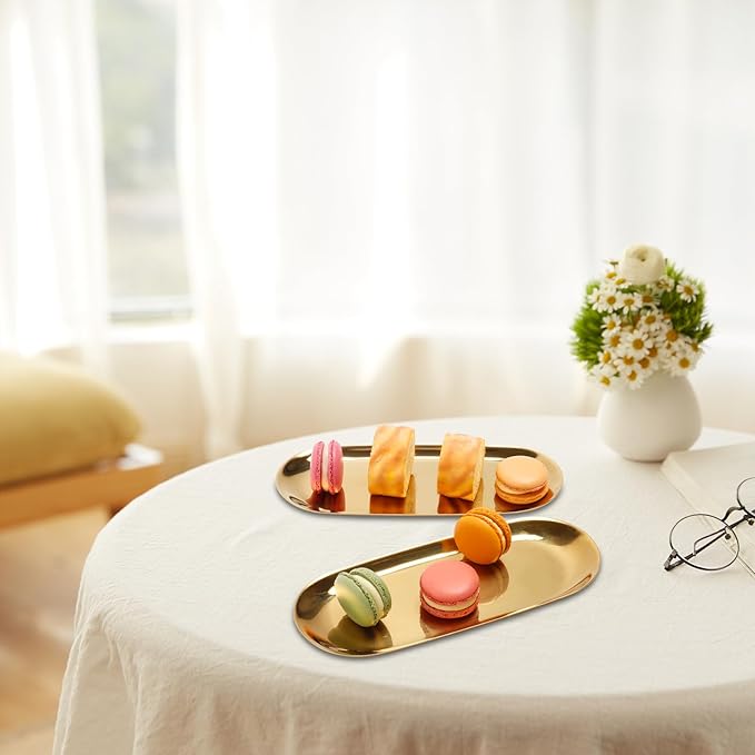 Stainless Steel Towel/ Dish Plate, Tea/ Fruit Storage Trays Cosmetics Jewelry Organizer, Gold, Oval