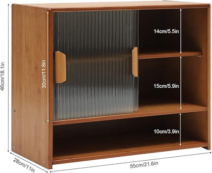 OUKANING 3 Tiers Small Bamboo Kitchen Pantry Sideboard with 2 Sliding Striped Glass Doors, Freestanding Kitchen Pantry Cabinet for Bottle, Dish, Bowl Console Dining Cupboard, Tea-Colored