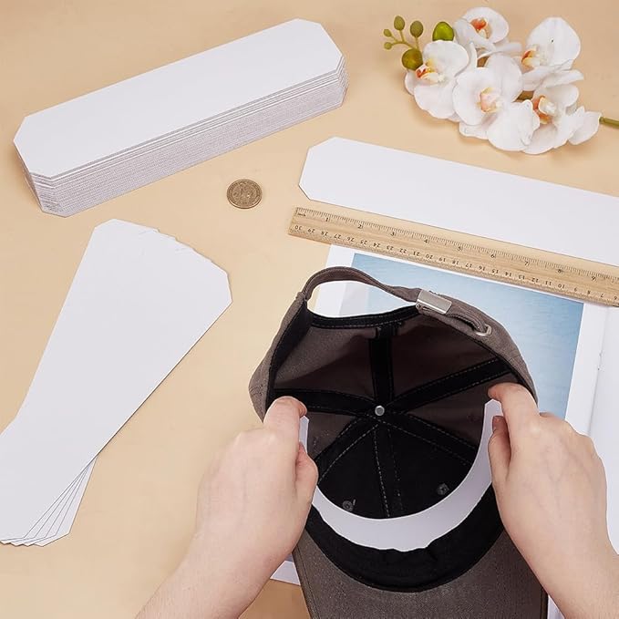 FINGERINSPIRE 50PCS Paper Baseball Cap Insert Shaper 2.4x10.4inch White Rectangle Shape Hat Brim Support Reusable Paperboard Hat Cap Fitter Inserts for Man Woman Baseball Hats Display Organization