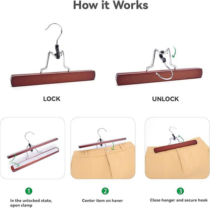 Nature Smile Wooden Non-Slip Pants Skirt Hangers - Smooth Finish Solid Wood Jeans Slack Clamp for Hair Extensions (20 Pack Cherry)