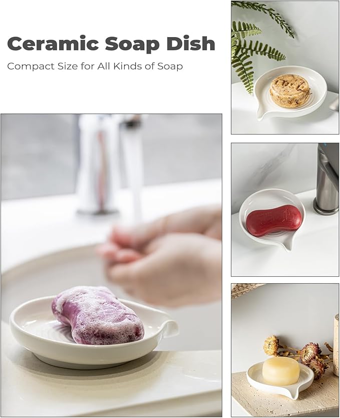 Self Draining Soap Dish, Ceramic Drain Soap Holder Waterfall Design Soap Saver for Shower, Bathroom, Sink, Kitchen and Countertop, Keeps Dry, White