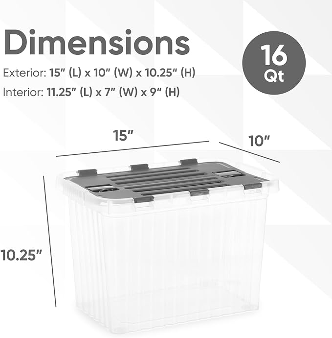 Superio Storage Box with Hinged Lids, Plastic Container Bins for Organizing with Attached Lid, Stackable Crates, BPA Free, Organizers for Home, 17 Quart (Clear with Grey Lids, 15"x10"x10.25")