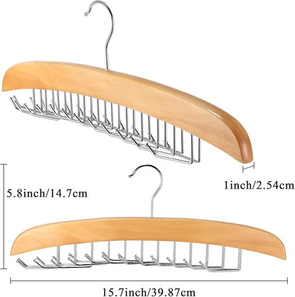 Jetec 2 Pieces Tie Rack Tie Hanger 24 Hooks Wooden Tie Rack Hanger for Closet 360 Degree Rotating Belt Holder Tie Organizer for Men Women Bras Tank Tops Camisoles(Natural Wood Color)