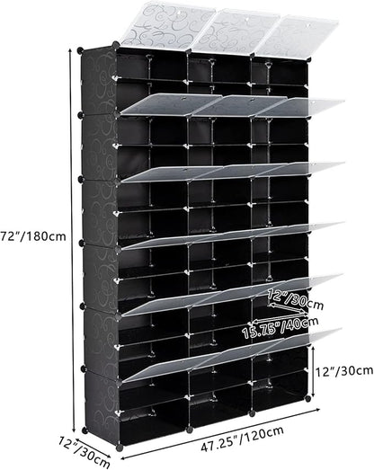 12 Tier Portable Shoe Cabinet,72 Pair Shoe Rack Organizer, Expandable Standing Shoe Rack for Heels, Boots, Slippers,Perfect for Entryway,Hallway, Black