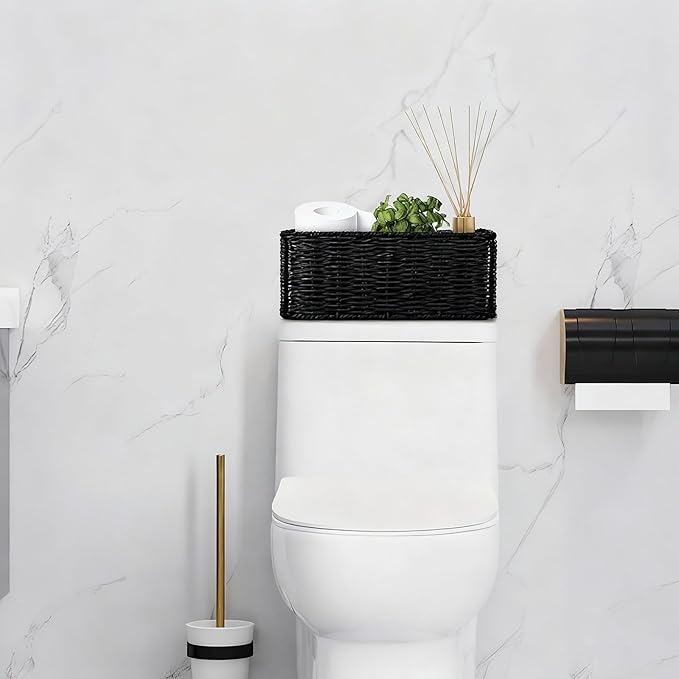 Small Wicker Baskets, Wicker Woven Storage Basket Toilet Paper Baskets with Handles, Towel Basket for Bathroom Organizing Shelves (Black)