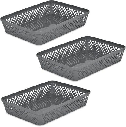 Glad Plastic Storage Basket Set - Multipurpose Drawer Trays, Kitchen Pantry Containers, and Bathroom Bins - 3 Pack Large Organizers, Grey
