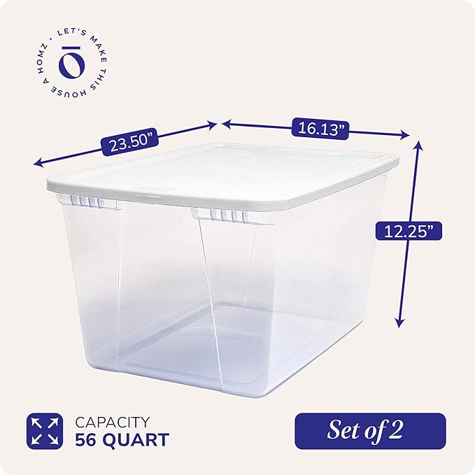 HOMZ 2-Pack Snaplock, Large Clear Plastic Storage Organizer Bins w/Lids, 56 Quart, White - Stackable Container Boxes for Bedroom, Bathroom, Garage, and Office Organization