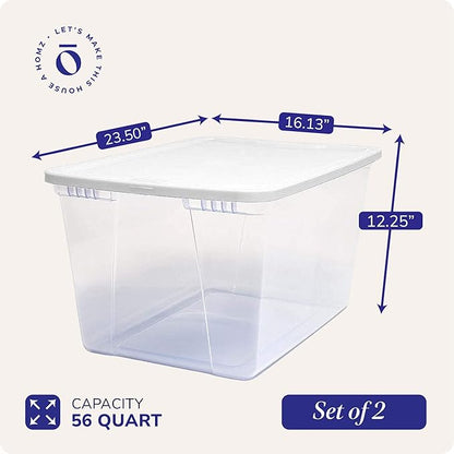HOMZ 2-Pack Snaplock, Large Clear Plastic Storage Organizer Bins w/Lids, 56 Quart, White - Stackable Container Boxes for Bedroom, Bathroom, Garage, and Office Organization