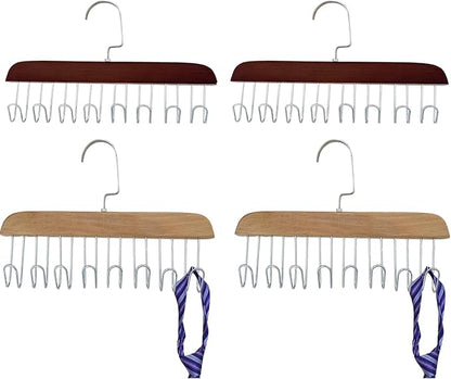 4 Wooden Belt Holder - Multifunctional Wooden Belt Hanger with 8 Metal Hooks - Wood Tie Scarf Rack Holder Hangers Organizer | for Hanging Belts,Tie,Scarves,neckties