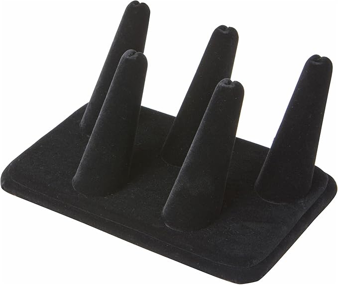 Plymor Black Velvet Ring Finger Display, Five on Rectangular Base, 5.25" W x 3.625" D x 2.25" H