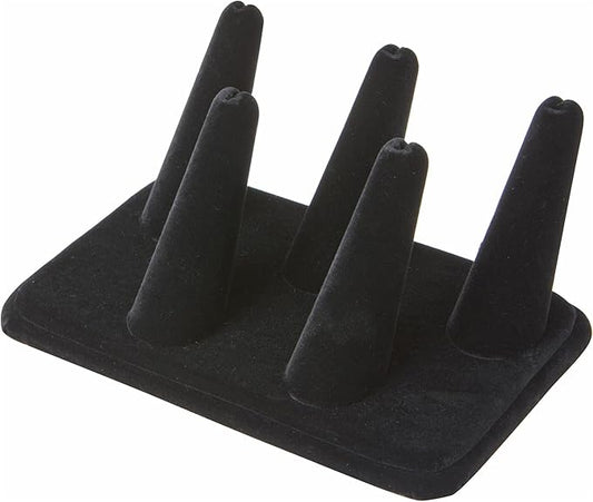 Plymor Black Velvet Ring Finger Display, Five on Rectangular Base, 5.25" W x 3.625" D x 2.25" H
