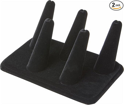Plymor Black Velvet Ring Finger Display, Five on Rectangular Base, 5.25" W x 3.625" D x 2.25" H (Pack of 2)