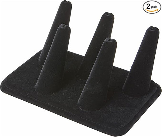 Plymor Black Velvet Ring Finger Display, Five on Rectangular Base, 5.25" W x 3.625" D x 2.25" H (Pack of 2)