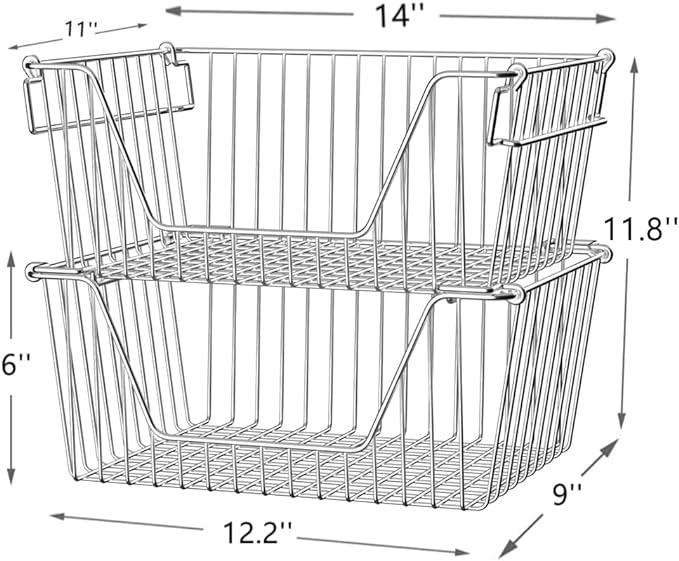 Slideep 14'' Large Stackable Storage Baskets Cabinet Organizer Sturdy Metal Wire Pantry Freezer Bin for Pantry Home Bathroom Kitchen Organization 2 Packs