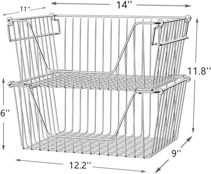 Slideep 14'' Large Stackable Storage Baskets Cabinet Organizer Sturdy Metal Wire Pantry Freezer Bin for Pantry Home Bathroom Kitchen Organization 2 Packs