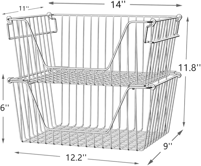 Slideep Large Stackable Storage Baskets Cabinet Organizer Sturdy Metal Wire Pantry Freezer Bin for Pantry Home Bathroom Kitchen Organization 4 Packs