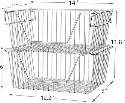 Slideep Large Stackable Storage Baskets Cabinet Organizer Sturdy Metal Wire Pantry Freezer Bin for Pantry Home Bathroom Kitchen Organization 4 Packs