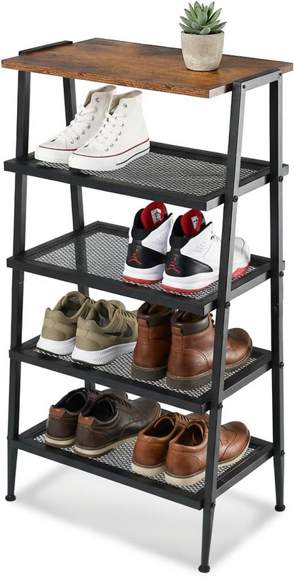 A-Shape Shoe Rack, 5-Tier Heavy-Duty Shoe Organizer with Wooden Top & Mesh Shelves, Space-Saving for Entryway, Bedroom, Hallway(31.97" H, Holds 10 Pairs, Rustic Brown)