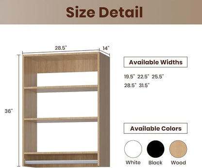 ROOMTEC 28.5" Medium Hanging Closet Unit, Modular Closet System with Hanging Rod, Wardrobe Organizer for Bedroom or Walk-in Closet, Wall Mounted, Customizable Clothes Storage Unit, Wood