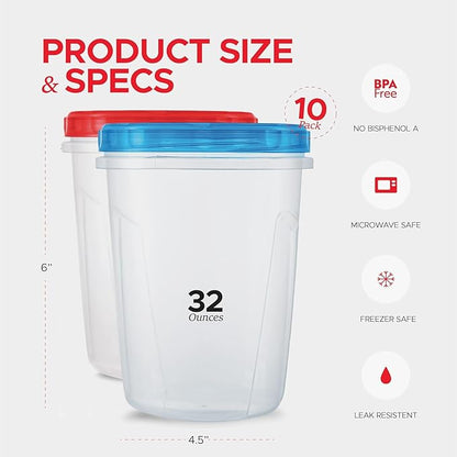 Tafura 10 Pack Leakproof Freezer Containers for Food with Twist Top Lids - 32 Oz BPA Free Reusable Plastic - Blue/Red Lids