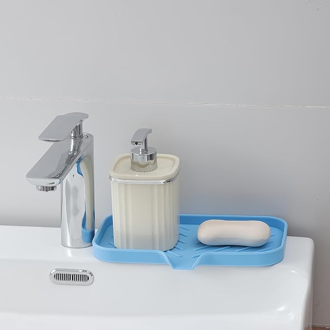 MicoYang Silicone Bathroom Soap Dishes with Drain Spout-Bathroom and Kitchen Sink Organizer,Sponge Holder,Dish Soap Tray,Perfect for Dispenser,Scrubber,Bottle on Sink or Counter-Light Blue 9.6"×5.3"