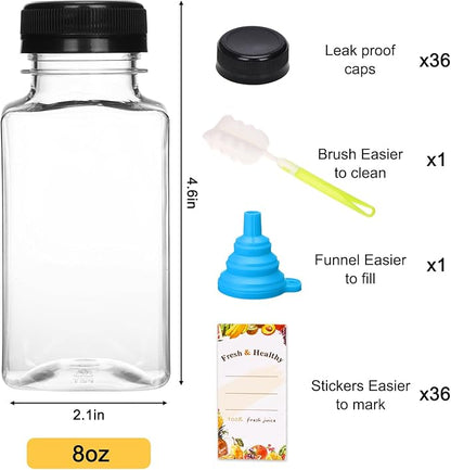 Moretoes 36pcs 8oz Juice Bottles, Plastic Bottles with Lids, Reusable Clear Containers with Caps for Juicing, Smoothie and Other Beverages