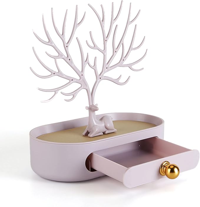 MORE&LESS Antlers Jewelry Display Stand with Aluminium alloy handle, Tree Tower Rack Hanging Organizer for Ring Earrings Necklace Bracelet, Deer Horn Tree Stand with Storage Drawer and Tray