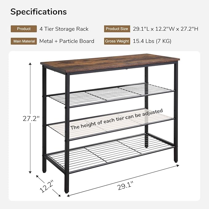 4-Tier Shoe Rack Organizer, Metal Mesh Shoe Storage Shelf, for Entryway, Hallway, Closet, Dorm Room, Industrial, Rustic Brown