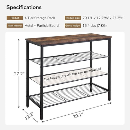 4-Tier Shoe Rack Organizer, Metal Mesh Shoe Storage Shelf, for Entryway, Hallway, Closet, Dorm Room, Industrial, Rustic Brown