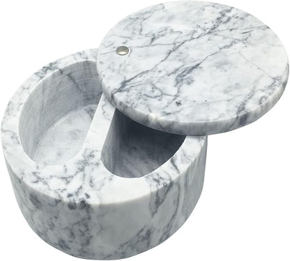 Marble Salt Box, Salt Cellar with Swivel Top and Dual Compartment, Elegant Marble Salt Box Storage Keeper for Condiments, Seasoning, Pepper.