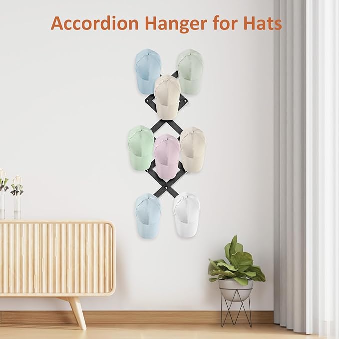 Accordion Wall Hanger, Hat Rack for Wall with 14 Coat Hooks, Expandable Hat Hangers Organizer, Vintage Decorative Coat Rack Wall Mount for Purse, Mug (Black)