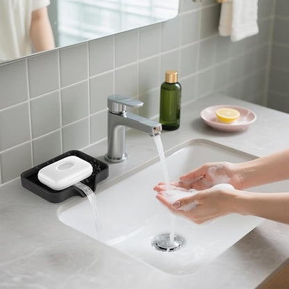 2 Pack Silicone Soap Dish, Self Draining Soap Dish, Non Slip Bar Soap and Sponge Holder for Bathroom Kitchen Sink Counter Organizer Easy to Clean Soap Tray Waterfall Soap Saver (Black&Beige)