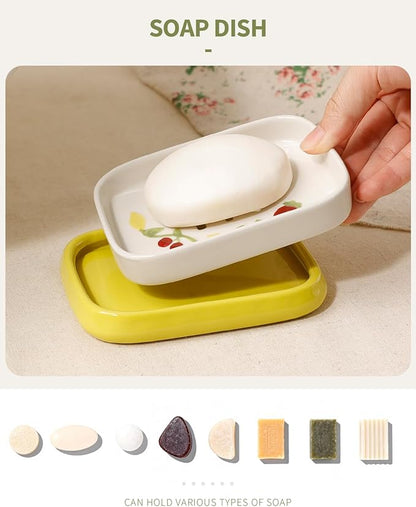 Ceramic Soap Dish, Handpainted Farmhouse Self Draining Soap Holder, Double Layer Bar Soap Holder with Floral Design, Decorative Soap Dish for Bathroom Shower Kitchen Sink, Keeps Soap Dry, ANTIS'S HOME