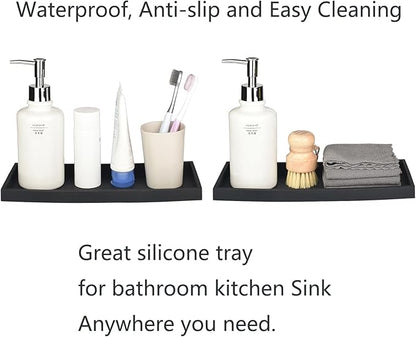 DNC 7.9" Small Silicone Bathroom Counter Tray, Vanity Tray, Kitchen Sink Soap Tray for Dish Holder Dispenser Countertop Toilet Tank Desk Organizer Black
