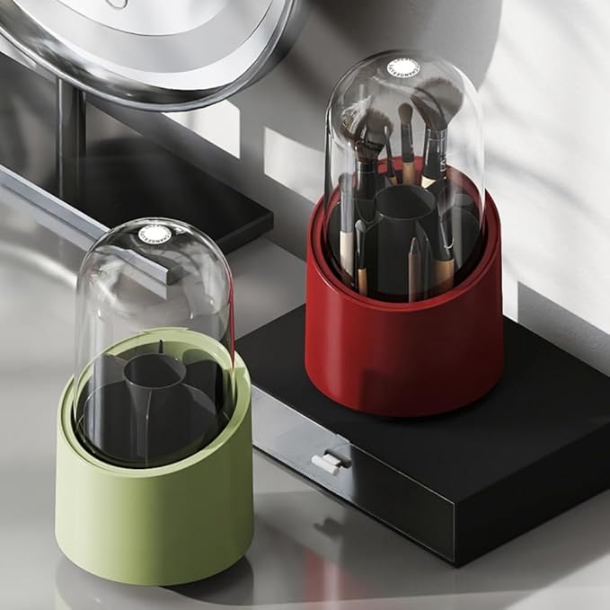 Fantasee 360° Rotating Makeup Brush Organizer, 7-Compartment Storage with Transparent Dustproof Cover, Cosmetic Tools Storage Holder for Bathroom Vanity Countertop (Fresh Green, Cylindrical)