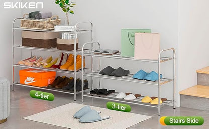 4-Tier Expandable Shoe Rack – Adjustable Heavy Duty Organizer Shelf | 100% Stainless Steel & 4-Rod Stretchable | Small Space Shoe Rack for Closet Entryway (15" to 27", Silver)