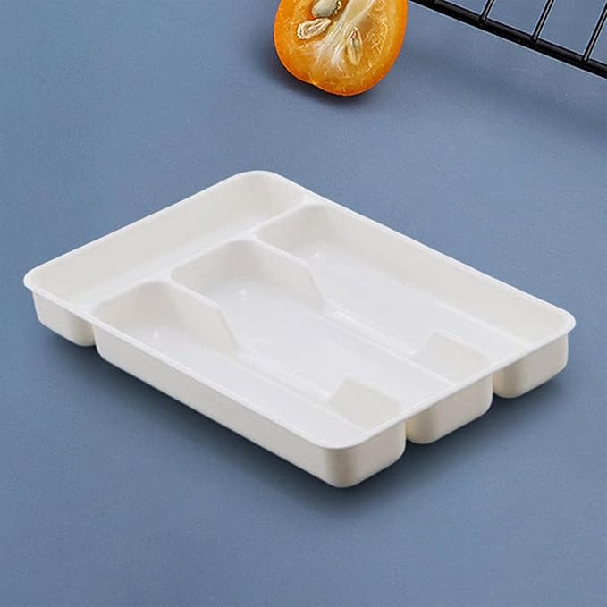 Milageto Cutlery Tray Multifunction Fittings with 4 Compartments - Compact Silverware Drawer Organizer, Storage Box for Flatware Silverware Stationery Kitchen Drawer Bathroom, White